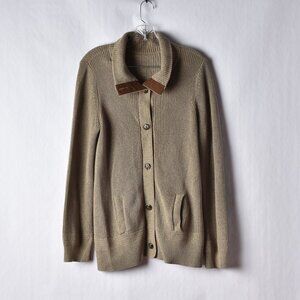 Lauren Ralph Lauren Green Tan Cardigan Sweater Faux Leather Elbow Patches